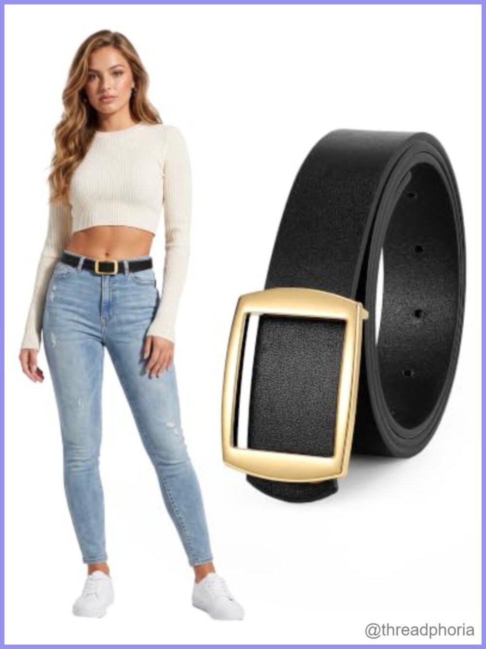 Women's PU Leather Belt No-Tail Design Square Buckle Jeans Dresses